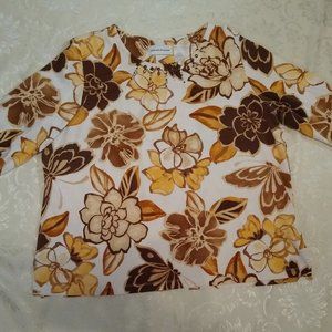 Alfred Dunner, Lady's 3/4 length Sleeve Top in Rich Shades Of Brown & Gold Tones